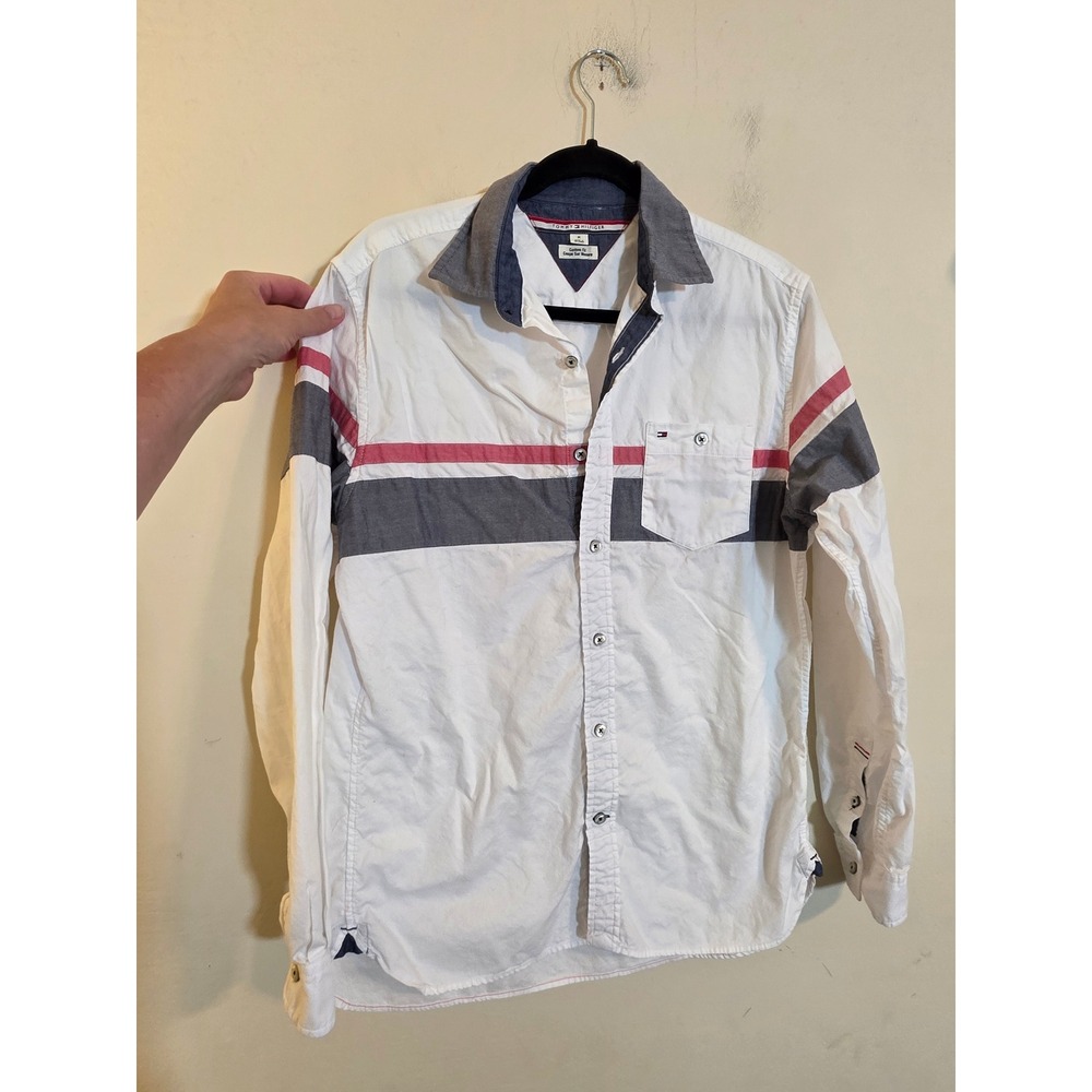 Tommy Hilfiger‎ Mens Custom Fit Striped Button Down Shirt White Red Grey M